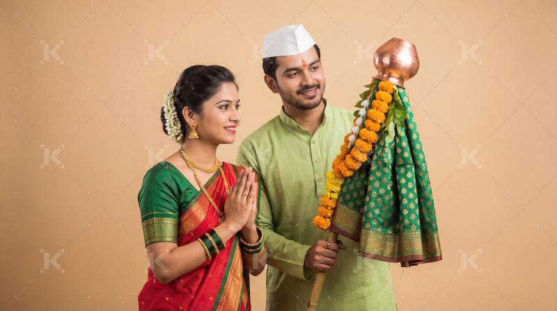 Joyful Indian Couple Celebrating Gudi Padwa Festival