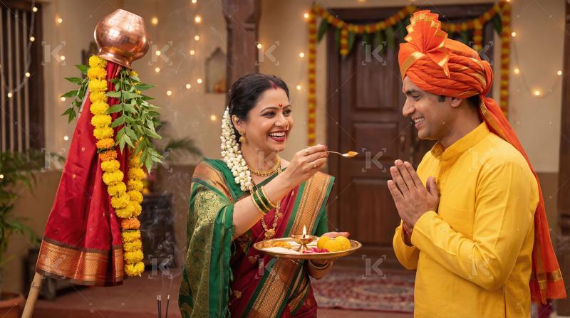 Maharashtrian Couple Celebrating Gudi Padwa Festival