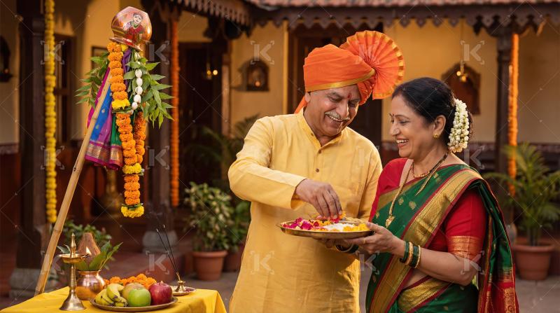 Happy Indian Couple Celebrating Gudi Padwa Festival