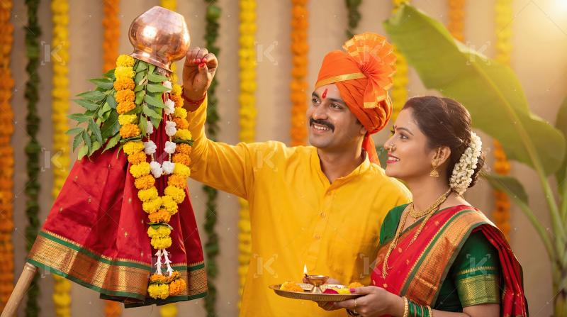 Happy Indian Couple Celebrating Gudi Padwa Festival