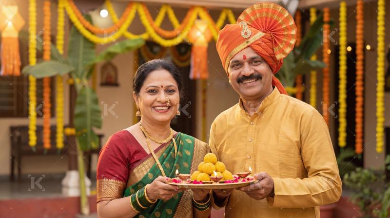 Happy Indian Couple Celebrating Festival with Traditional Sweets
