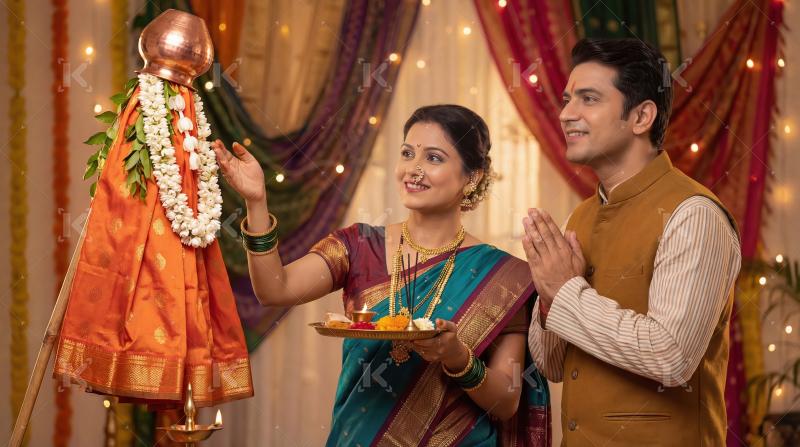 Indian Couple Celebrating Gudi Padwa Festival with Traditional R