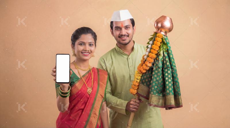 Indian Couple Celebrating Gudi Padwa with Smartphone
