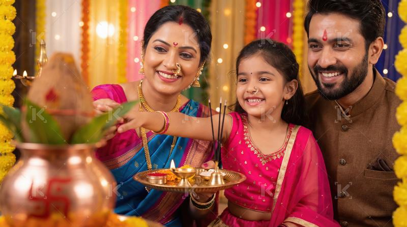 Joyful Indian Family Performing Traditional Puja