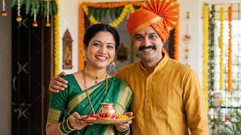 Smiling Maharashtrian Couple Celebrating Festival with Puja Thal