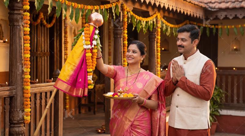 Happy Indian Couple Celebrating Gudi Padwa with Traditional Deco