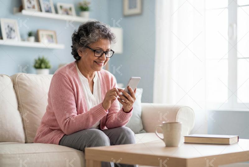 Senior indian woman sitting on sofa using smartphone