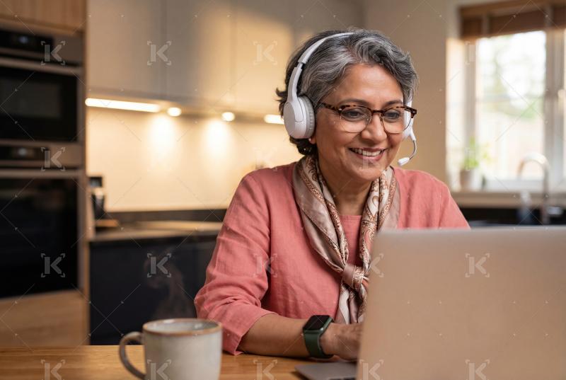 Happy indian elderly woman using laptop at home