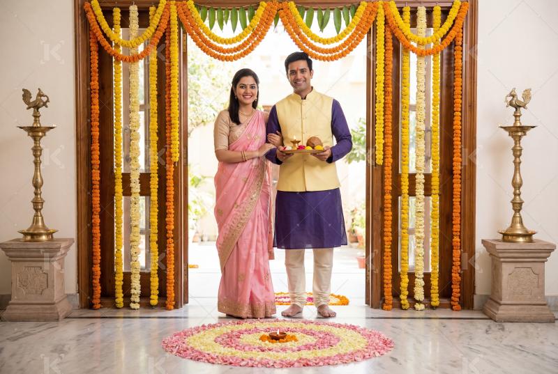 Young indian couple celebrating diwali festival together at home