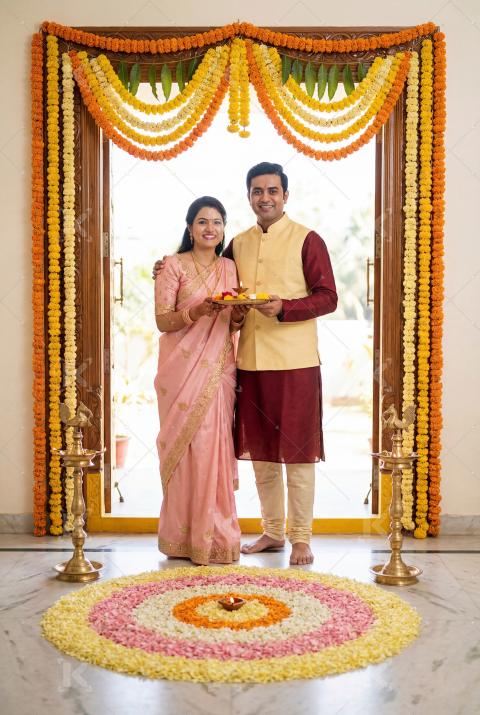 Young indian couple celebrating diwali festival together at home