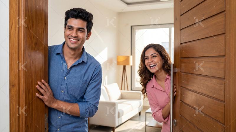 Young indian happy couple smiling and welcoming guests at the doorway of their modern home