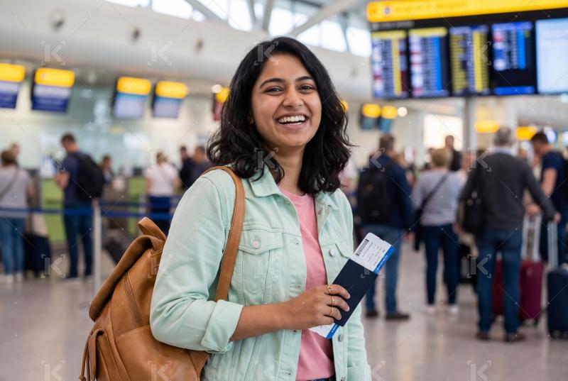 Young indian woman holding ticket and smartphone standing at airport