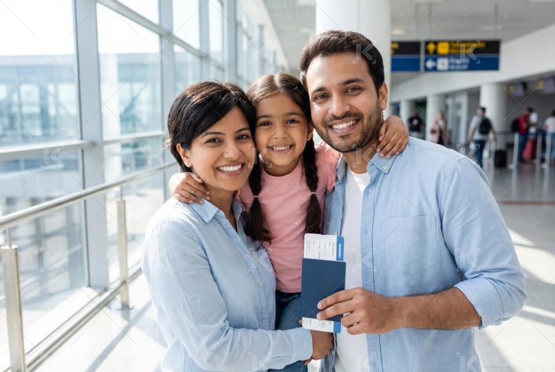Happy indian family walking with travelling bag
