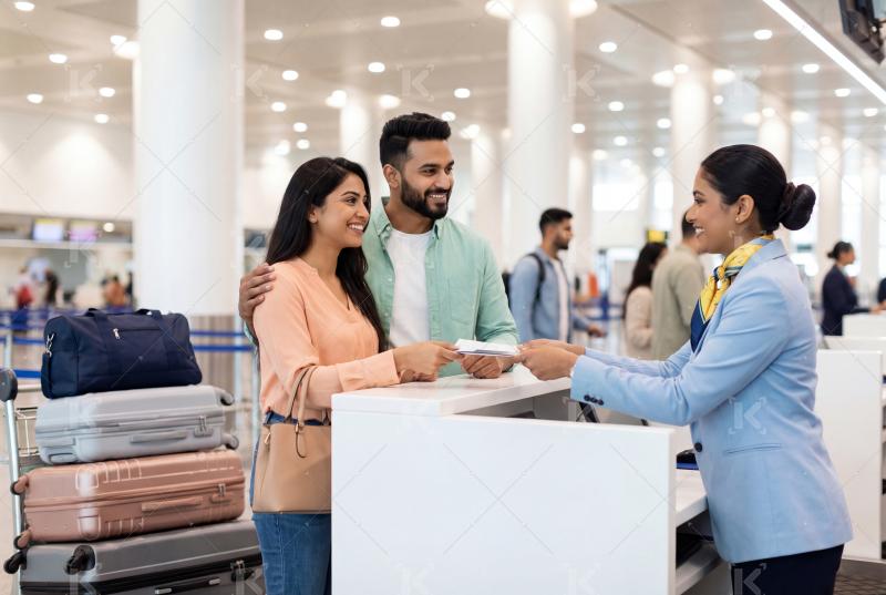 Young indian couple standing at airport giving ticket