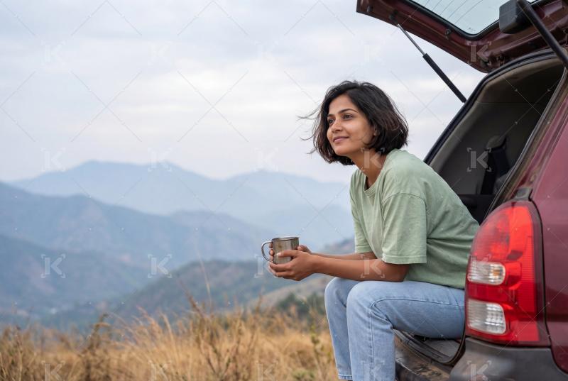 Young indian woman on back of car for adventure holding tea cup