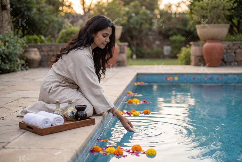 Young indian woman sitting at natural spa water pool