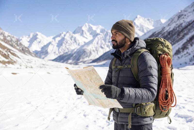 Young indian hipster man hiking in snow mountains