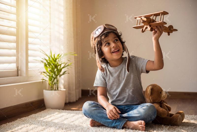 Happy indian little girl holding toy plane