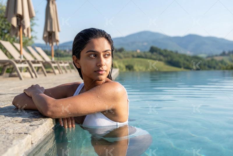 Young Indian woman relaxing in a swimming pool at a modern hotel
