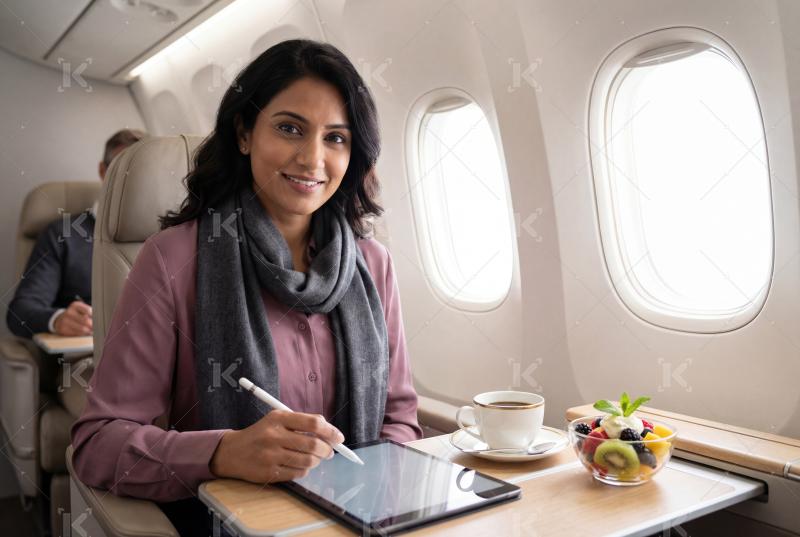 Young indian businesswoman using tablet sitting in plane