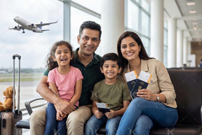 Happy indian family walking with travelling bag