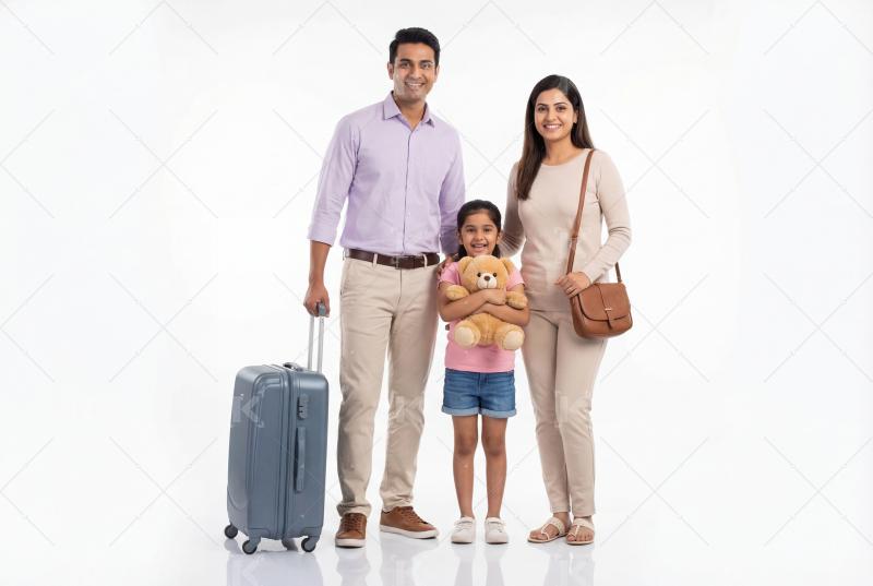 Happy indian family standing with travelling bag on white background