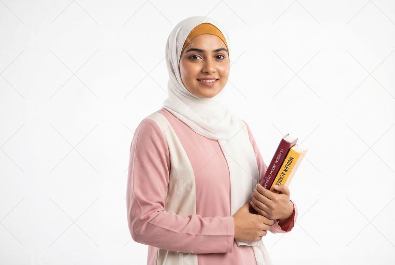 Young indian islamic religious woman holding books