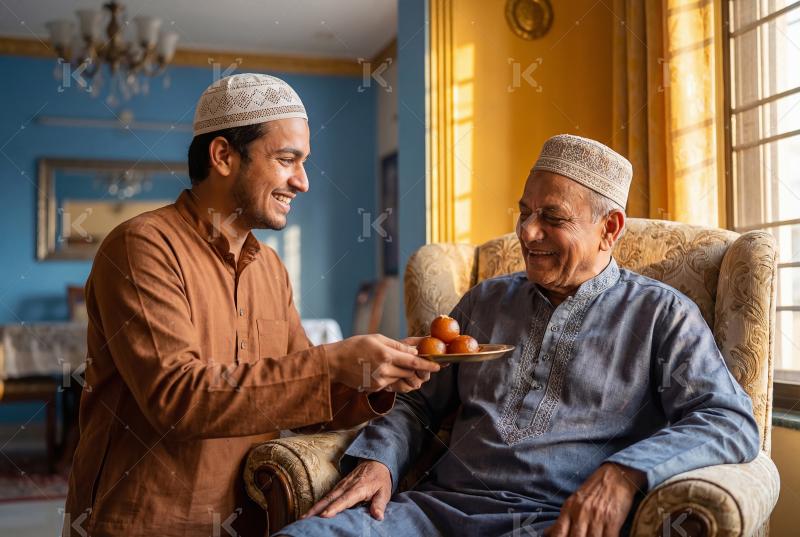 Happy indian man feeding to his father sweet on Eid festival