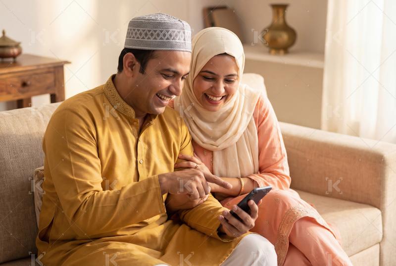 Happy indian muslim couple checking smartphone