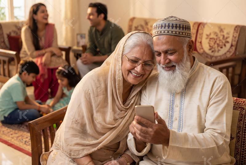 Happy indian senior couple checking smartphone