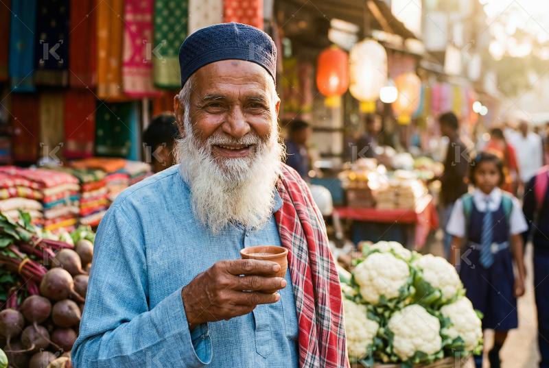 Indian senior man drinking tea on street market