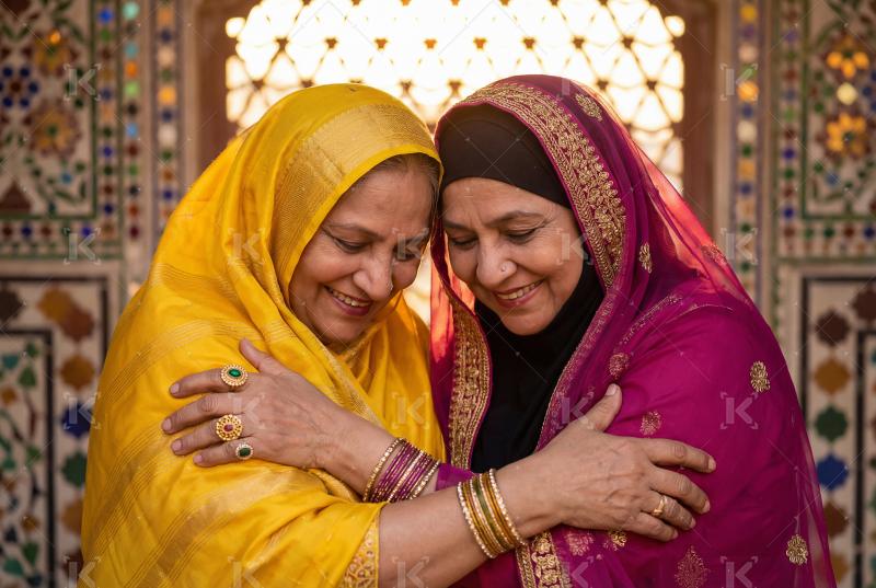 Two indian women hug to each other on traditional festival ramad