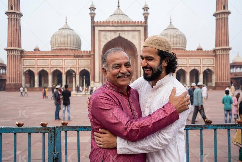Two indian men Hug to each other on ramadan Eid festival