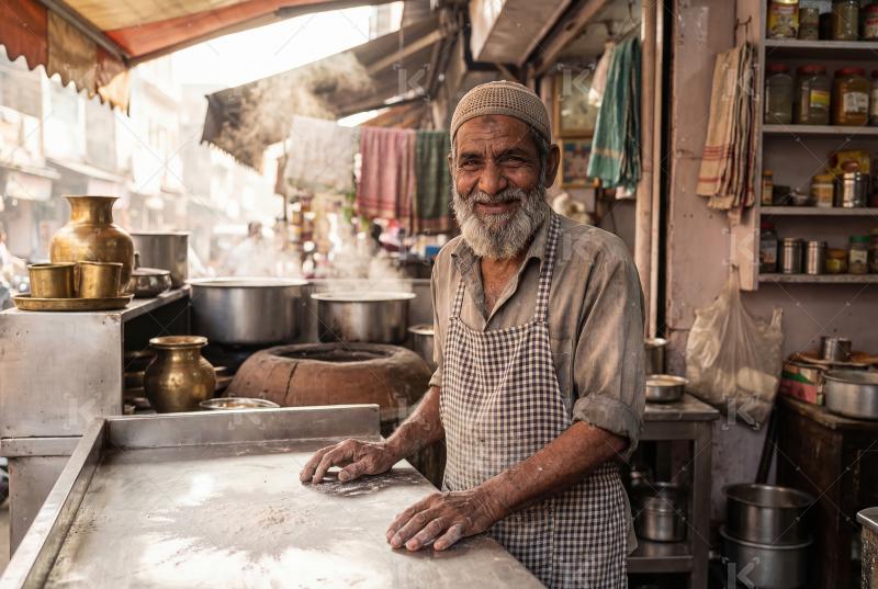 Indian senior man tea stall vendor smiling