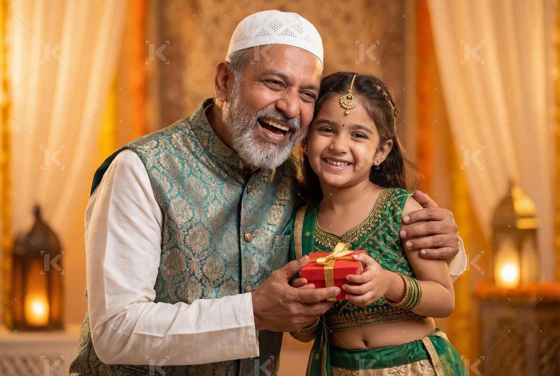 Happy indian senior man hug to grand daughter and giving gift on