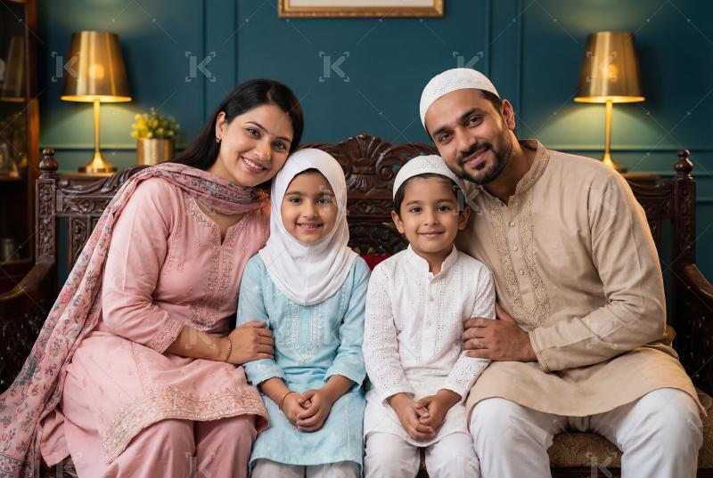 Happy indian muslim religious family celebrating Eid festival to