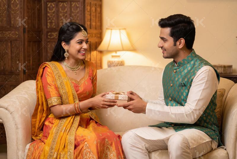 A happy Indian couple in traditional attire exchanging a gift wh