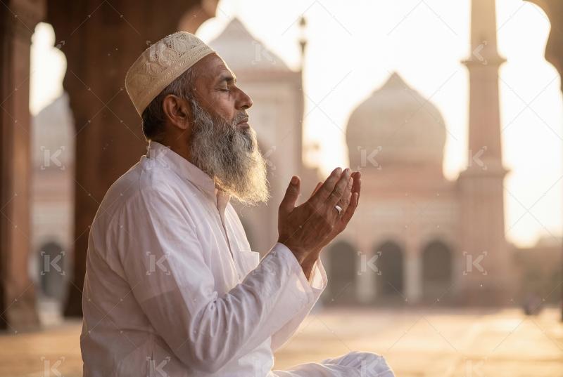Elderly Muslim man peacefully raising his hands in prayer while