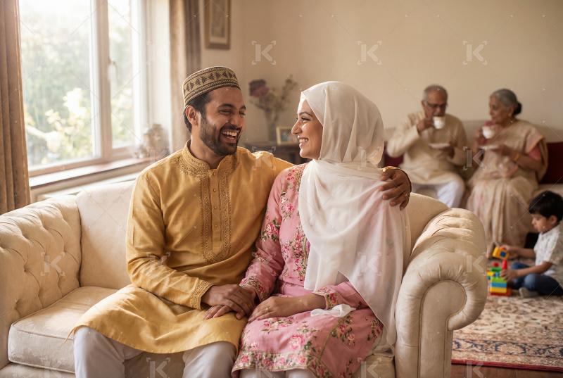 A happy Muslim couple sitting together on a sofa at home, sharin
