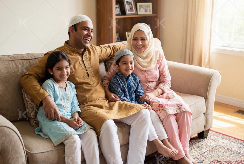 Happy indian muslim religious family celebrating Eid festival to