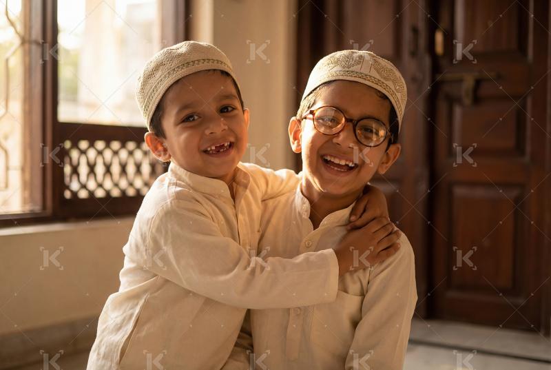 Indian children hug to each other on Eid festival