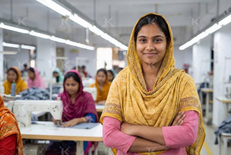 A confident female garment worker standing in a textile factory
