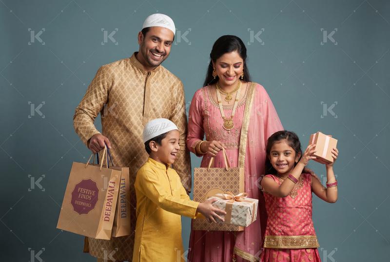 Happy indian muslim religious family celebrating Eid festival to