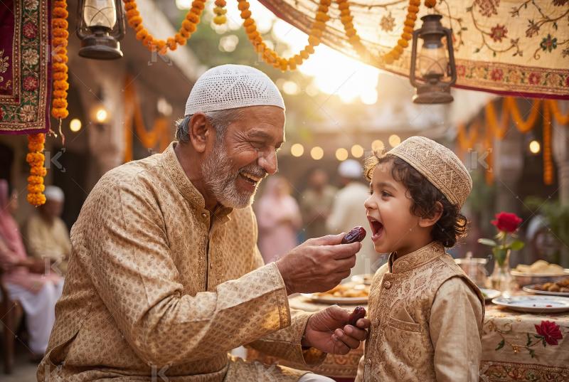 A joyful grandfather feeding dates to his grandson during a fest