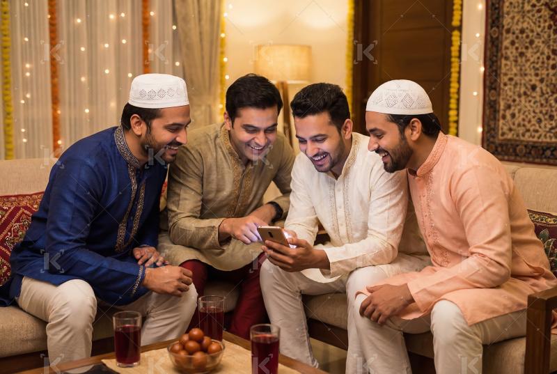 A group of Muslim friends in traditional attire happily gatherin