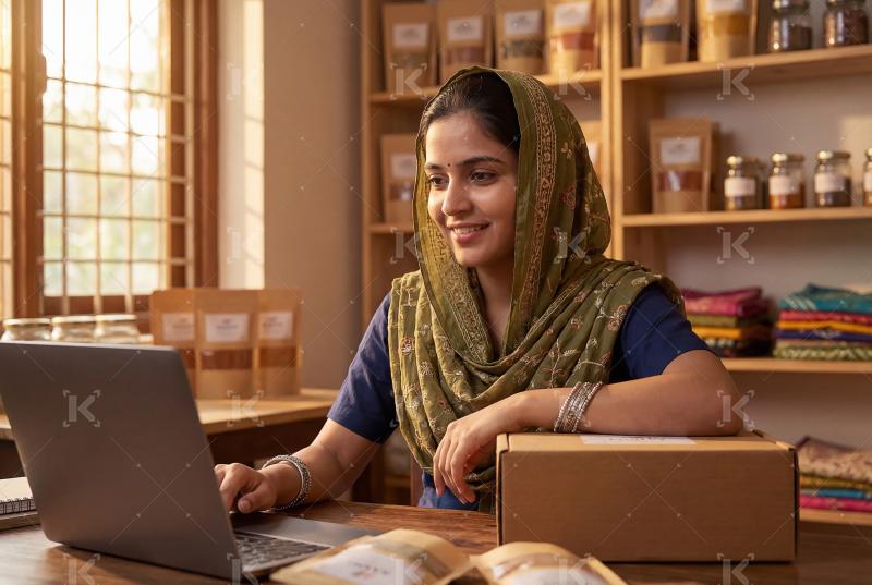 A young Indian woman entrepreneur managing her small online spic