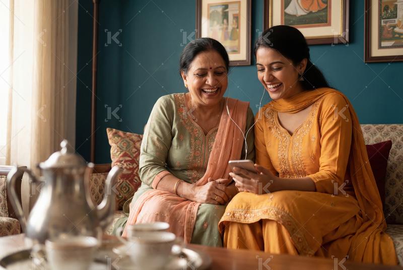 A happy mother and daughter sitting together at home, smiling wh