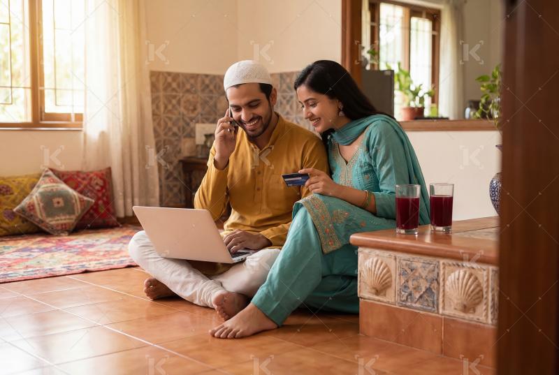 A happy Muslim couple sitting at home using a laptop and credit
