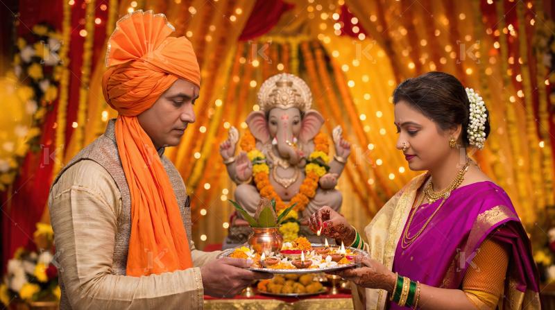 Young indian couple celebrating lord ganesha festival together at home