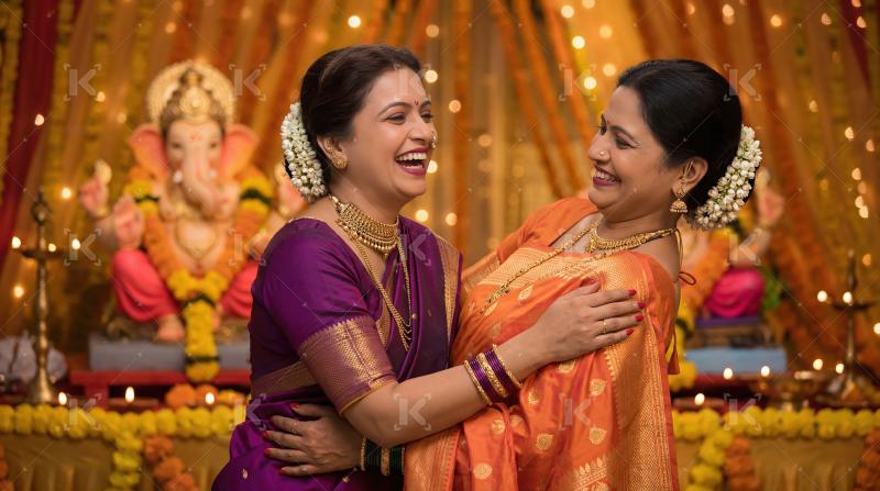 Two young indian women celebrating lord ganesha festival together at home